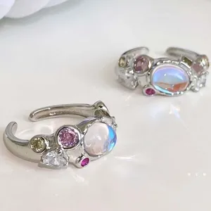 Bagues de cluster Bague de pierre de lune irrégulière pour femmes filles anniversaire ami arc-en-ciel pierre bijoux célestes femme son