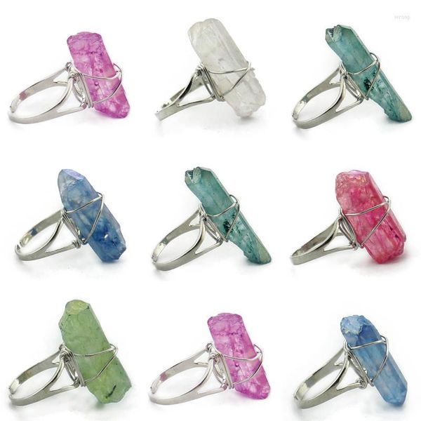 Anillos de racimo irregular natural cuarzo piedra alambre envuelto colorido mineral roca cristal pilar anillo de dedo para mujeres joyería de moda curación