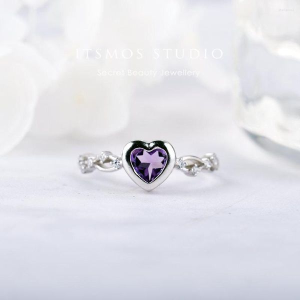 Cluster Anneaux ITSMOS Naturel Améthyste Violet Coeur Gemme Véritable Topaze S925 En Argent Sterling Amour Bandes Diamant Bijoux Pour Femmes Cadeau