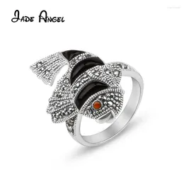 Anillos de racimo Jade Angel 925 STERLING Silver Multi-Color 5 5 mm Calcedony Fish for Women Marcasite Finger Ring Festival Jewelry