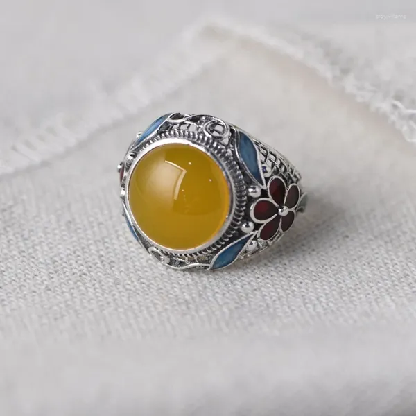 Bagues de cluster Jade Angel Vintage 925 Bague en argent sterling incrusté de bijoux de calcédoine jaune Femme Thai