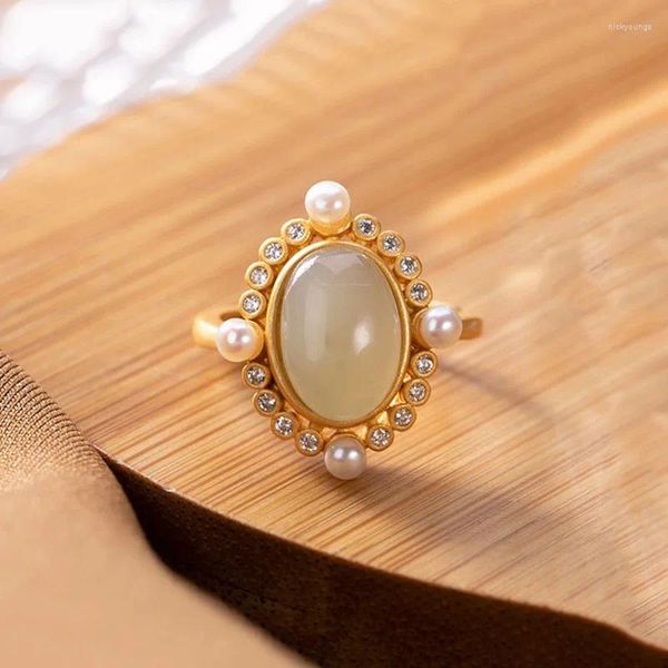 Bagues de cluster Jade Mode 925 Bijoux en argent Talismans Pierres précieuses sculptées Cadeaux naturels Bague réglable Charms Cadeau Amulettes Accessoires