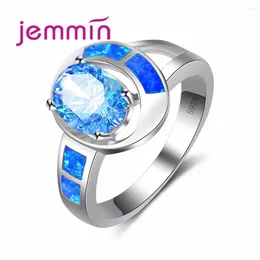 Anillos de racimo Jammin Blue Opal Hollow Ring Stamp 925 Sterling Silver Color Rhinestone Joyería para mujeres Regalos