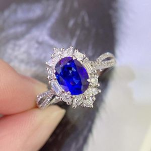 Anillos de racimo JE Blue Sapphire Ring 1.38ct Real Pure 18 K Natural Untre Royal Gemstone Diamonds Stone Femenina