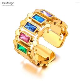 Anneaux de cluster Jeemango coloré cubique zircone en acier inoxydable ouvert pour les femmes étanche réglable bijoux de doigt JR23065