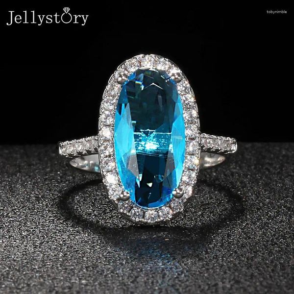 Cluster Anneaux Jellystory Classic Silver 925 Bijoux Gemystones ovales Anneau pour femmes Grandes Aquamarine Zircon Femme Femme Gift