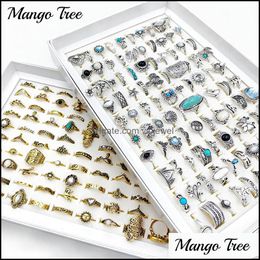 Anillos de racimo Joyería 100 PCS / Lot Bohemia Vintage para mujeres y niña Mezcla Siery Accesorios de oro Corona Mariposa Hollow Out Anillo de dedo Par