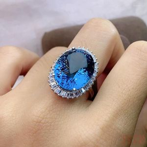 Clusterringen Sieraden 925 Zilver Licht Luxe Ring Dagelijks gebruik 12x16mm Natural London Blue Topaz Stone Sterling Gem