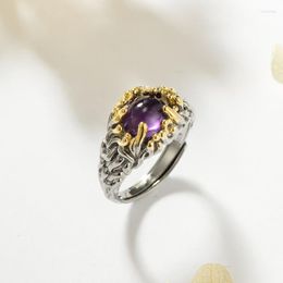 Anillos de racimo, joyería para mujer, anillo de amatista Natural, Plata de Ley 925, piedras ajustables finas Vintage, regalo de aniversario