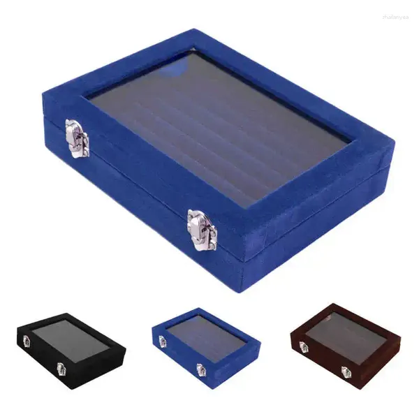 Anillos de racimo Caja de almacenamiento de joyería Tapa transparente Elegante organizador de anillos 7 ranuras Cerraduras de seguridad de terciopelo para Navidad