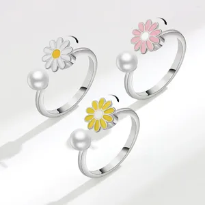 Anneaux de cluster Bijoux avec perles émail Daisy Fidget Spinner Knuckle pour femmes Anti-anxiété cadeaux d'anniversaire Anillos Mujer