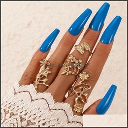 Cluster Rings Jewelry4pcs / Sets Oude Sier Kleur Grote Bloemen Joint Sets voor Vrouwen Legering Metalen Blad Open Ring Sieraden Anillo Drop Levering 2