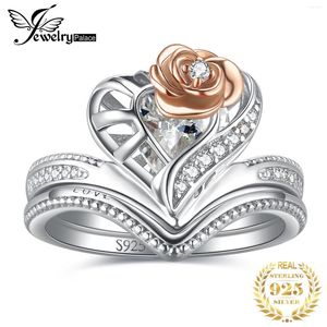 Bagues de cluster JewelryPalace 2 PCS 925 Bague de fiançailles de mariage en argent sterling pour femme 1.9ct Fleur CZ Simulé Diamant Ensemble de mariée