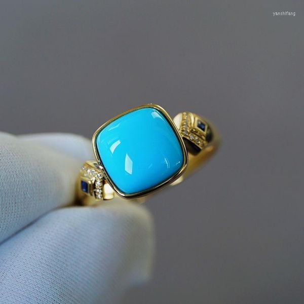 Anillos de racimo JHY sólido 18K oro 9,2mm naturaleza azul turquesa piedras preciosas diamantes para mujeres joyería fina regalos de cumpleaños