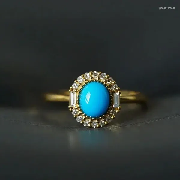 Anillos de racimo JHY2024 G18K Oro sólido 18K Piedras preciosas turquesas azules naturales 9.6 8.8mm Diamantes Mujer Casual Deportivo