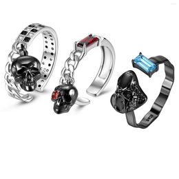 Anillos de racimo Jiuhao 925 plata esterlina negro blanco circón Retro esqueleto cabeza anillo para Mujeres Hombres ajustable declaración joyería