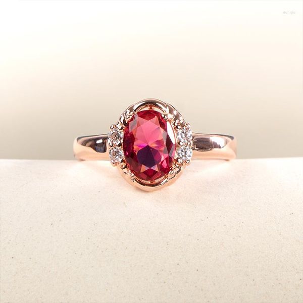 Anillos de racimo Joiashome abierto para mujer, Color oro rosa, forma ovalada Simple, piedra roja rubí, aniversario, boda, joyería de dedo fino de moda