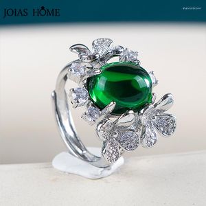 Anillos de racimo JoiasHome Oval Esmeralda Verde Anillo de piedras preciosas Apertura Redimensionable Lujo Elegante Plata 925 Joyería Fiesta Aniversario Regalo para esposa