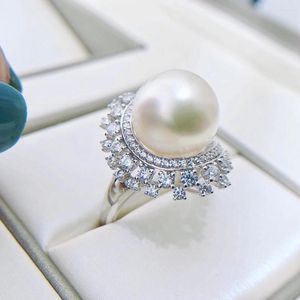 Cluster Rings JY Pearl Ring Fine Jewelry Solid 18K Gold Zircons 11-12mm Nature Fresh Water Top White Pearls Japan Origin Pour les femmes