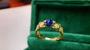 Anillos de racimo JY Sólido 18K Oro Naturaleza 0.79ct Azul Zafiro Piedras preciosas Diamantes para mujeres Regalos de joyería fina