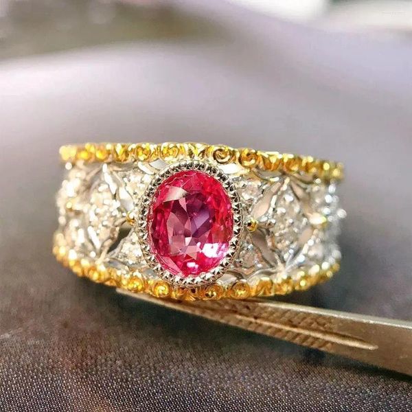 Anillos de racimo JY2024 N0073 Sólido Real 18K Oro Natural Rosa Zafiro 0.61ct Padparadscha Piedras preciosas Diamantes Piedras Joyería fina femenina