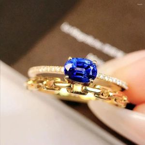 Cluster Ringen JY2024 No.10847 Saffier Natuurlijke 0.59ct Blauwe Edelsteen Pure 18K Gouden Sieraden Voor Vrouwen Diamanten