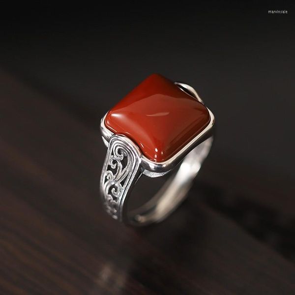 Cluster Rings JZ237 ZFSILVER Thai Silver S925 Fashion Trendy South Red Agate Hetian Jade Retro Spray Square Women Wedding Party Jewelry