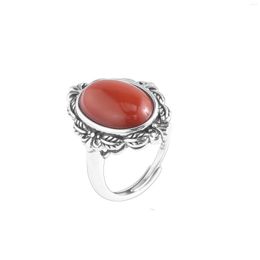 Clusterringen JZ413 FSilver Thai Silver 925 Fashion Trendy Hetian Jade South Red Agate Retro Crown Leaf Oval Women Wedding Party Sieraden