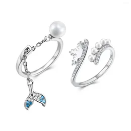 Clusterringen Kataoka Mermaid Ring 925 Sterling Silver Blue Ocean Snowflake Crown Pearl Shiny CZ Verstelbare Open Finger Women Gifts