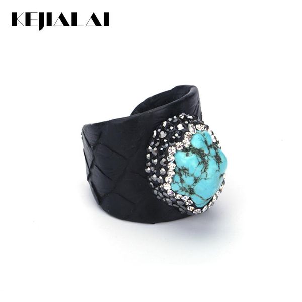 Cluster Rings KEJIALAI Bague De Luxe Bleu Turquoises Pierre Hommes Strass Charmes Noir Véritable Serpent En Cuir Réglable Unisexe Ouvert Manchette Femmes