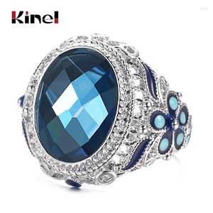 Bagues de cluster Kinel Style chinois Bague en émail coloré pour femmes Mode Tibétain Argent Bleu Verre Pierre Vintage Bijoux En Gros