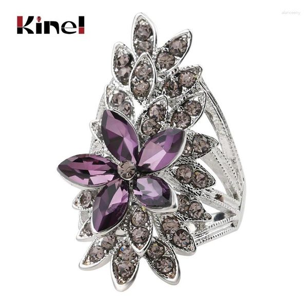 Anillos de racimo Kinel Moda Flor de cristal para mujeres AAA Vidrio púrpura Plata tibetana Anillo de dedo de boda Joyería fina Bague