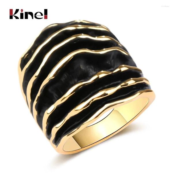 Cluster Anneaux Kinel Fashion Gold / Silver Color Punk Ring Wide Brassement Stripes Émail de la ligne de vague en émail pour femmes bijoux