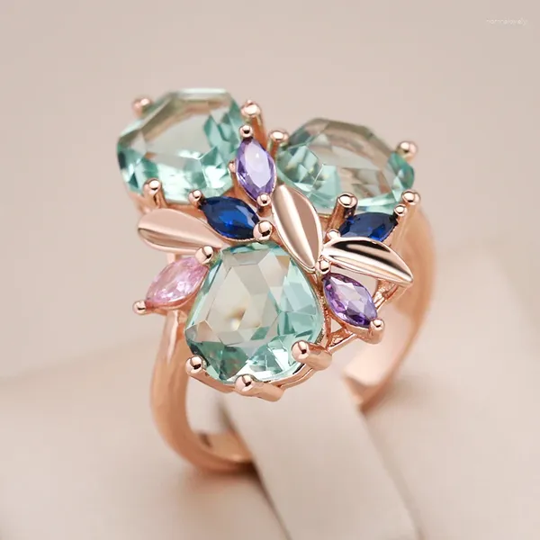 Anillos de clúster Fashion Kinel Fashion Stone Green Big Ring para mujeres Rombo Mosaico Zircón Natural 585 Rose Gold Color Vintage Wedding Jewelry