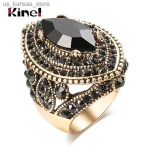 Clusterringen Kinel Luxe zwarte vintage damesring Vintage uiterlijk AAA Crystal Boemische sieraden Gold charm etnische trouwring240408