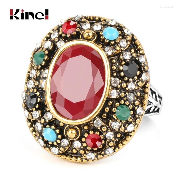 Anneaux de cluster Kinel Luxury Turquie Big Ring pour femmes Antique Gold Mosaïque Coloré Résine Party Vintage Bijoux de mariage 2024