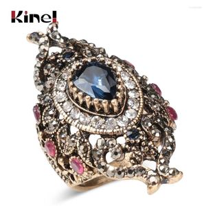 Anillos de racimo Kinel de lujo turco para dama mujer joyería de estilo vintage Rhinestone completo gran ancho azul cristal flor anillo 2024 regalo
