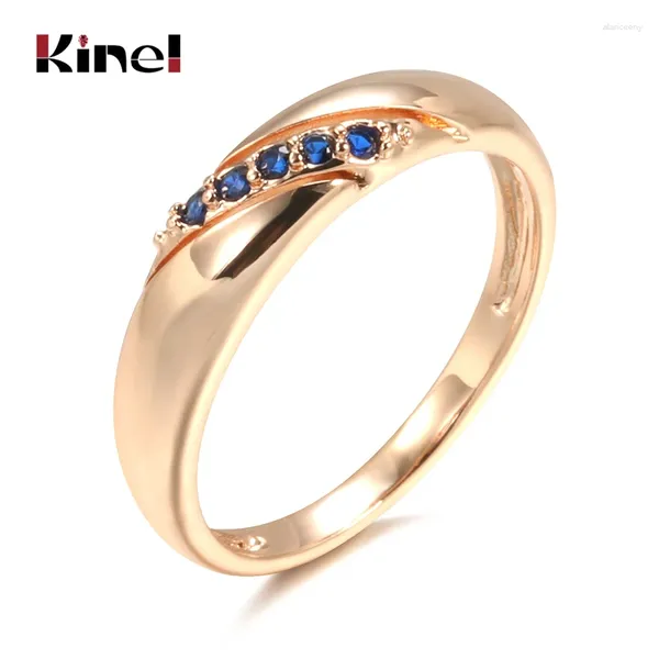 Anneaux de cluster Kinel Luxe Vintage Bleu Naturel Zircon Bague Pour Femmes 585 Or Rose Ethnique Mariée Mariage Élégant Simplicité Bijoux 2024