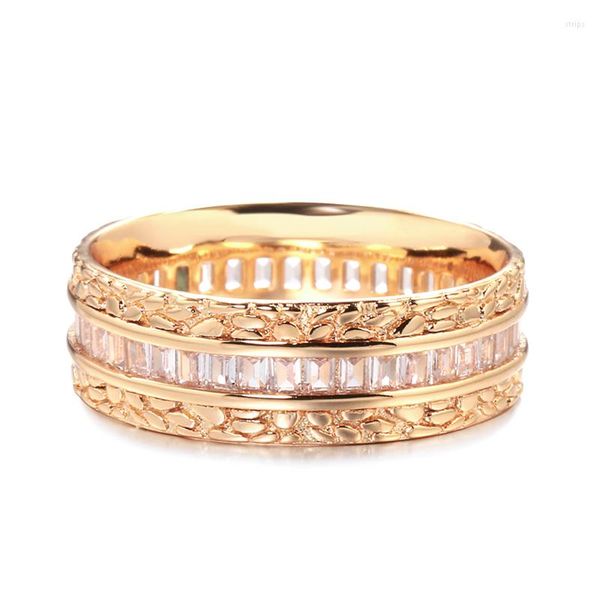 Bagues de grappe Kinel Bandes de mariage de luxe Eternity 585 Or rose Zircon naturel Promise Bague de fiançailles Femmes Hommes Finger Party Jewelry