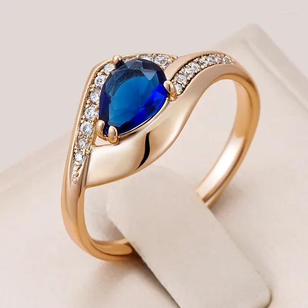 Cluster anneaux Kinel Sparkling Blue Natural Zircon Ring pour les femmes Luxury 585 Rose Gold Color Vintage Wedding Party Daily Bijoux