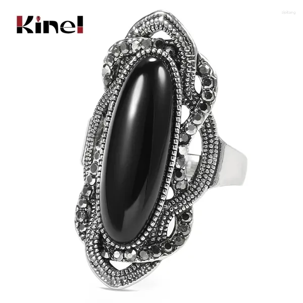 Anillos de racimo Kinel Top Calidad Bohemio Anillo de Piedra Negro Color Plata Mosaico Gris Cristal Gran Oval para Mujeres Joyería Vintage