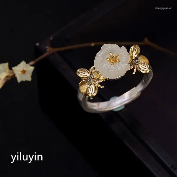 Cluster anneaux kjjeaxcmy boutique jewelryar s925 pur argent doré naturel hétien jade jade mosaïque lotus dame individualité haute qualité o