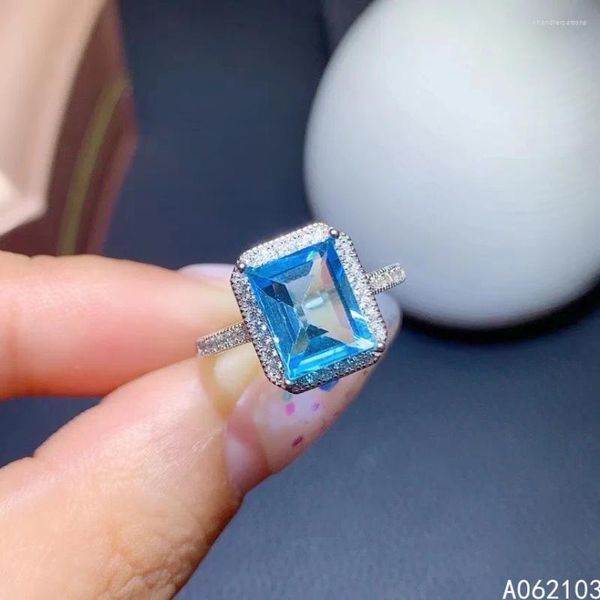 Anillos de racimo KJJEAXCMY joyería fina 925 plata esterlina con incrustaciones de topacio azul natural hombres de mujeres simple gema cuadrada anillo ajustable suppo