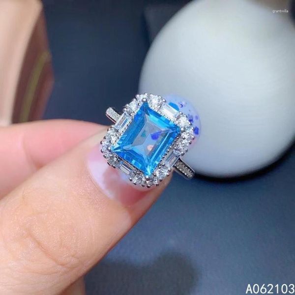 Anillos de racimo KJJEAXCMY Joyería fina 925 Plata de ley con incrustaciones de topacio azul natural Hombres de mujer Exquisito Gema cuadrada Soporte de anillo ajustable