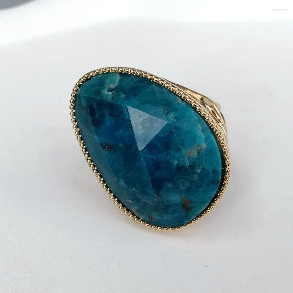 Anillos de racimo KKGEM chapado en oro natural 23x32 mm anillo de piedra de apatita azul para mujeres regalo de amiga