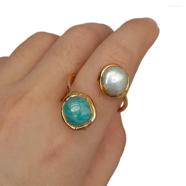 Bagues de cluster Kkgem Natural Amazonite Nugget Cultured Blanc Perle d'eau douce Pave Bague plaquée or réglable