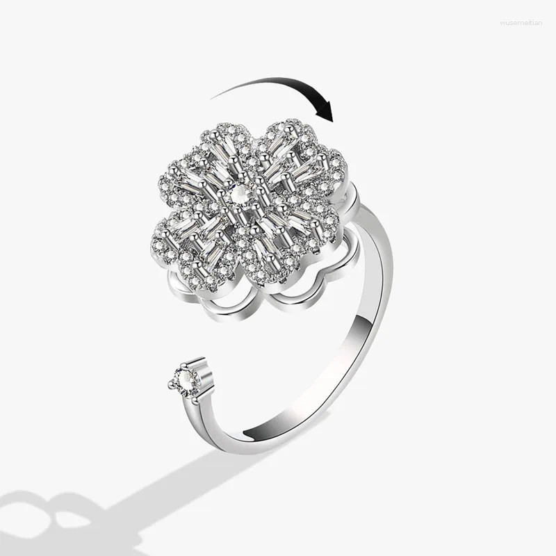 Cluster Ringen KOFSAC Anti Stress Angst Voor Vrouwen Roterende Klavertje Vier Luxe Zirkoon Fidget Ring Trendy 925 Zilveren Sieraden