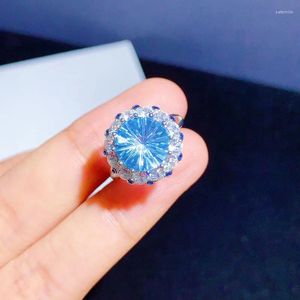 Cluster anneaux kofsac cristal bleu rond pour les femmes s925 anneau de fiançailles en argent femelle femelle de fleur de fleur bijoux de luxe cadeau romantique