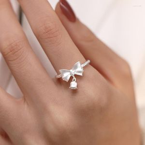 Anillos de racimo KOFSAC Orchid Flower Ring Estilo europeo Matte Bow Bell Cute 925 Sterling Silver Jewelry