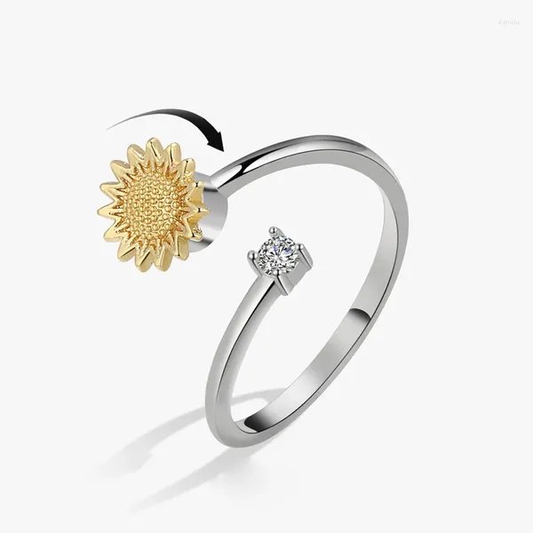 Cluster anneaux kofsac rotation gold couleur de tournesol anneau de tournesol pour femmes réglables 925 bijoux en argent sterling chic zircon brillant